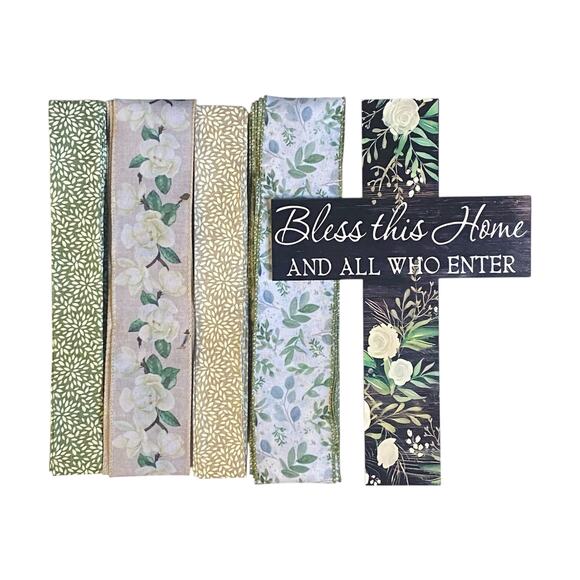 Bless This Home Cross Sign & 12 Yards Ribbon Bundle | DIY Wreath Craft Kit - Picture 6 of 7